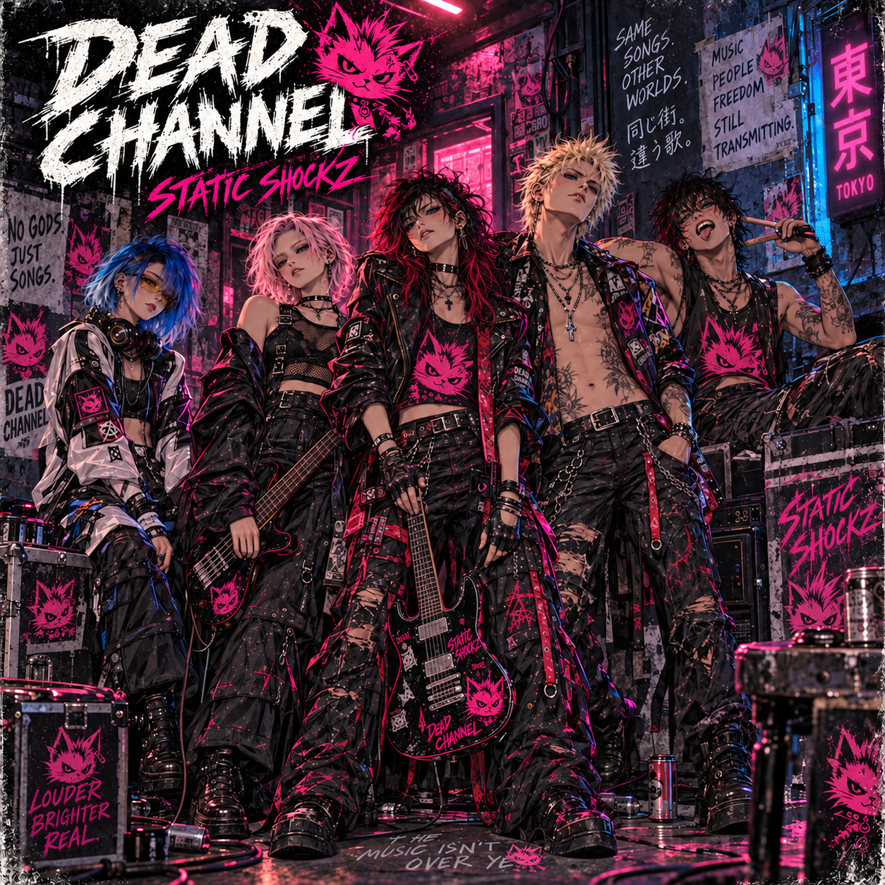 Dead Channel's five musicians in a neon-lit Tokyo alley