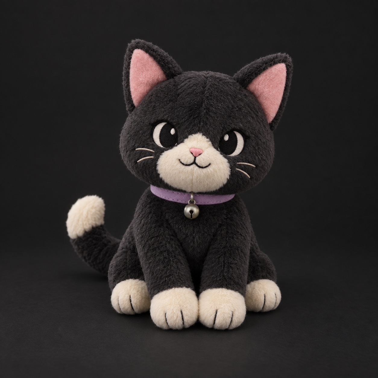 Pixel the cat plushie, a soft black cat with cream paws, pink ears and a lavender collar