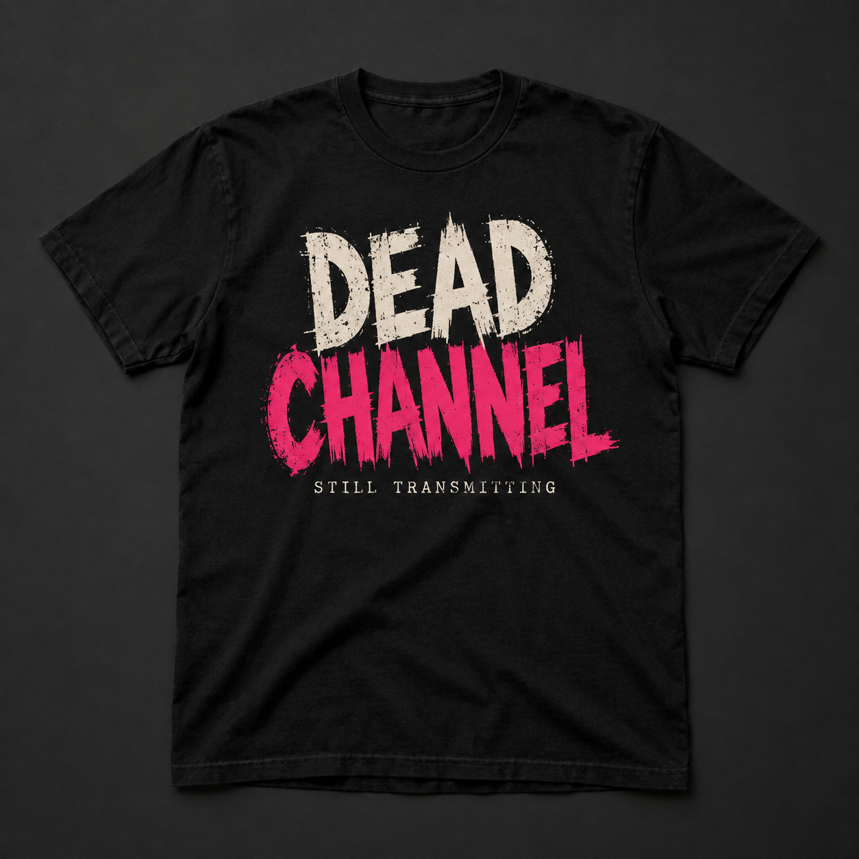 Black Dead Channel T-shirt with cream and pink Still Transmitting print