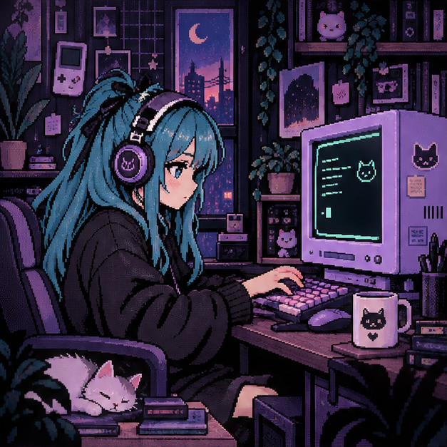 Pixel-art Mika with teal hair and purple headphones, sitting at her vintage computer and typing